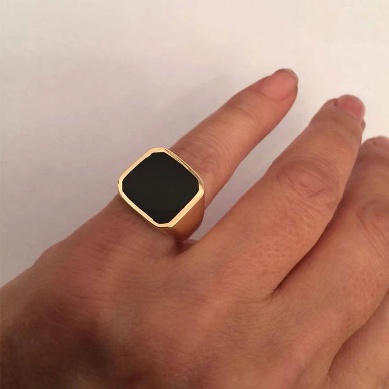 Vnox Stylish Signet Rings for Men, Male Pinky Ring with Black Square CZ Stone,Gold Color Stainless Steel Metal Jewelry ,US Size
