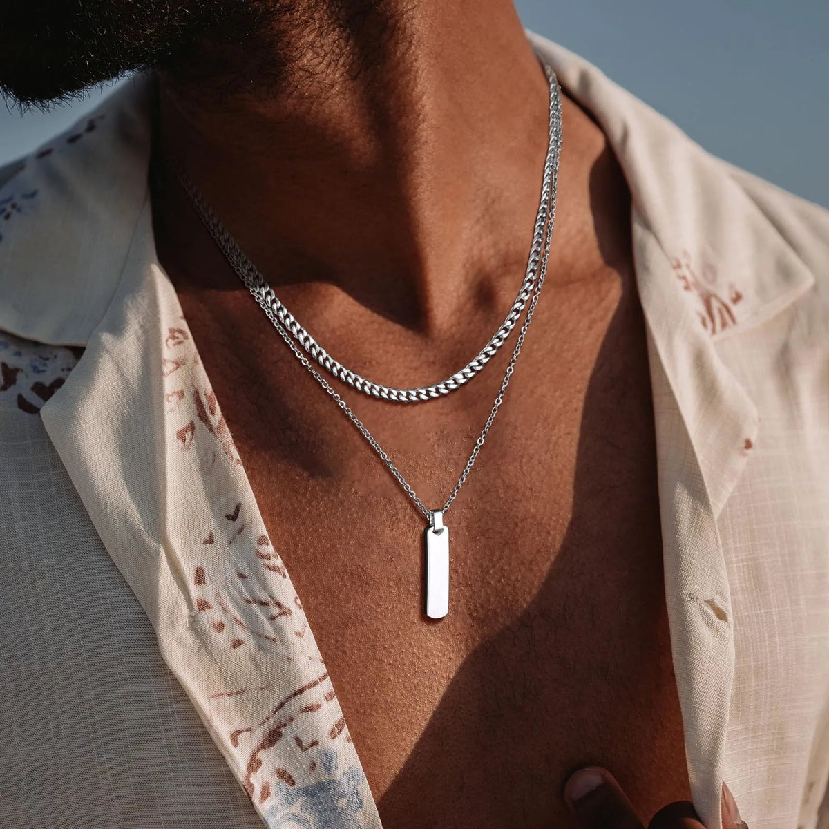 2pcs Vertical Layer Necklaces for Men Boys,Wateproof Stainless Steel Cuban Chain Collar,Stylish Men's Sweater Chain
