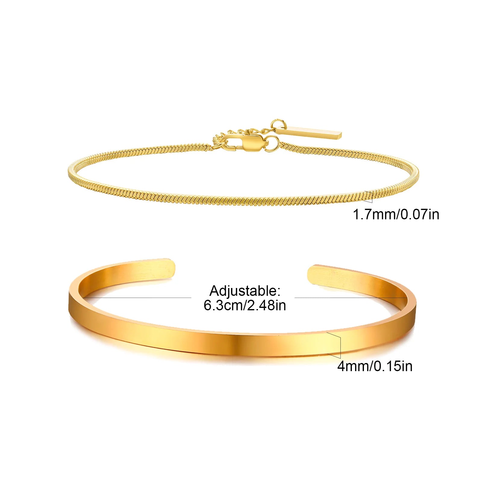 Trendy 4mm Cuff Bracelet for Men,2pcs/set Waterproof Chain LInk Adjustable Writband,Causal Jewelry Gift for Husband Dad BBF