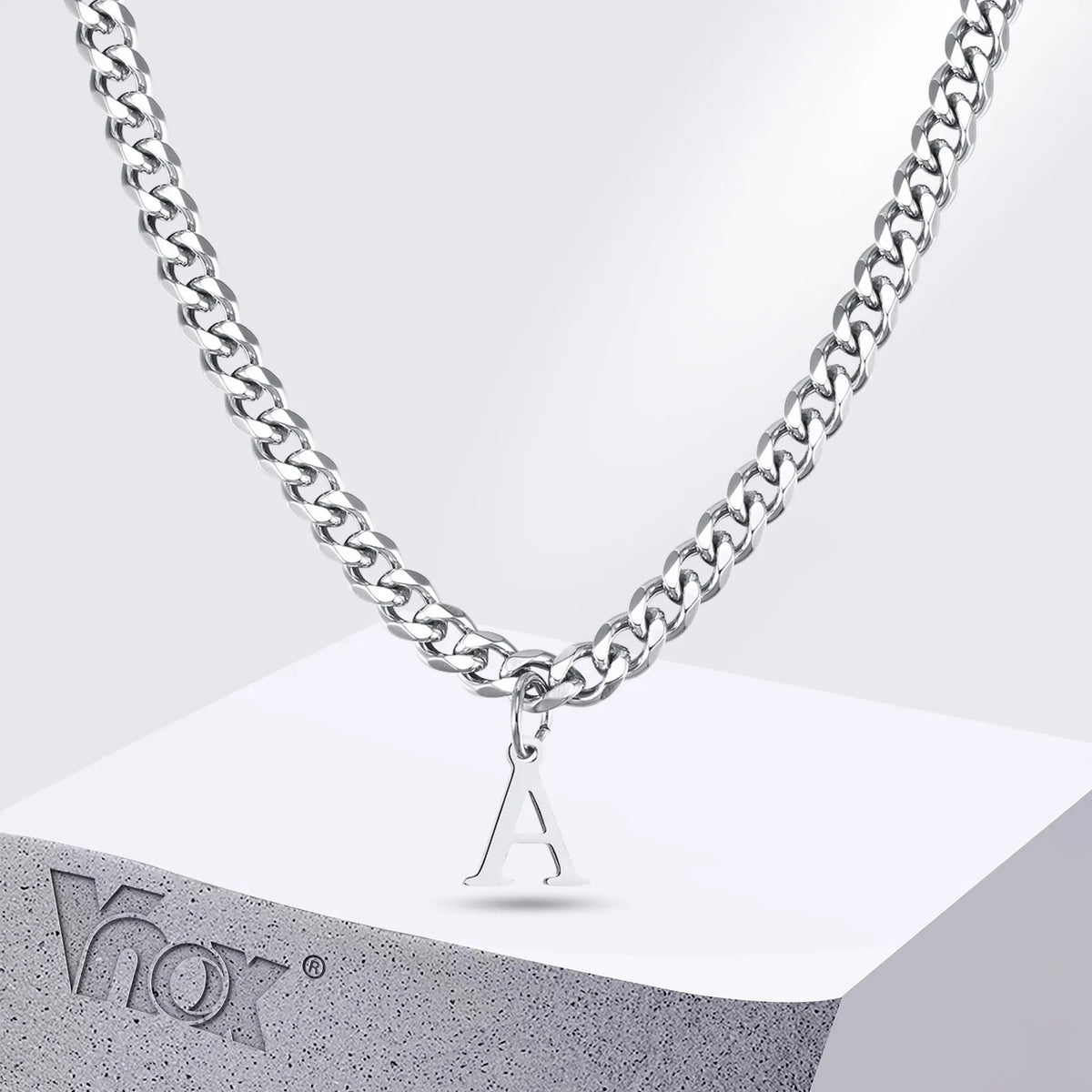 Vnox Simple A-Z Letter Necklace for Men Women, Waterproof Stainless Steel Cuban Chain Necklace, Jewelry Gift for Him