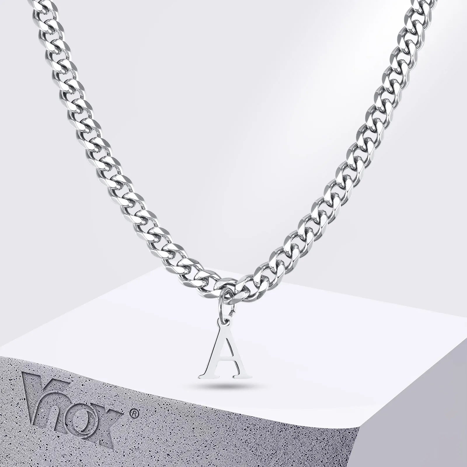 Vnox Simple A-Z Letter Necklace for Men Women, Waterproof Stainless Steel Cuban Chain Necklace, Jewelry Gift for Him