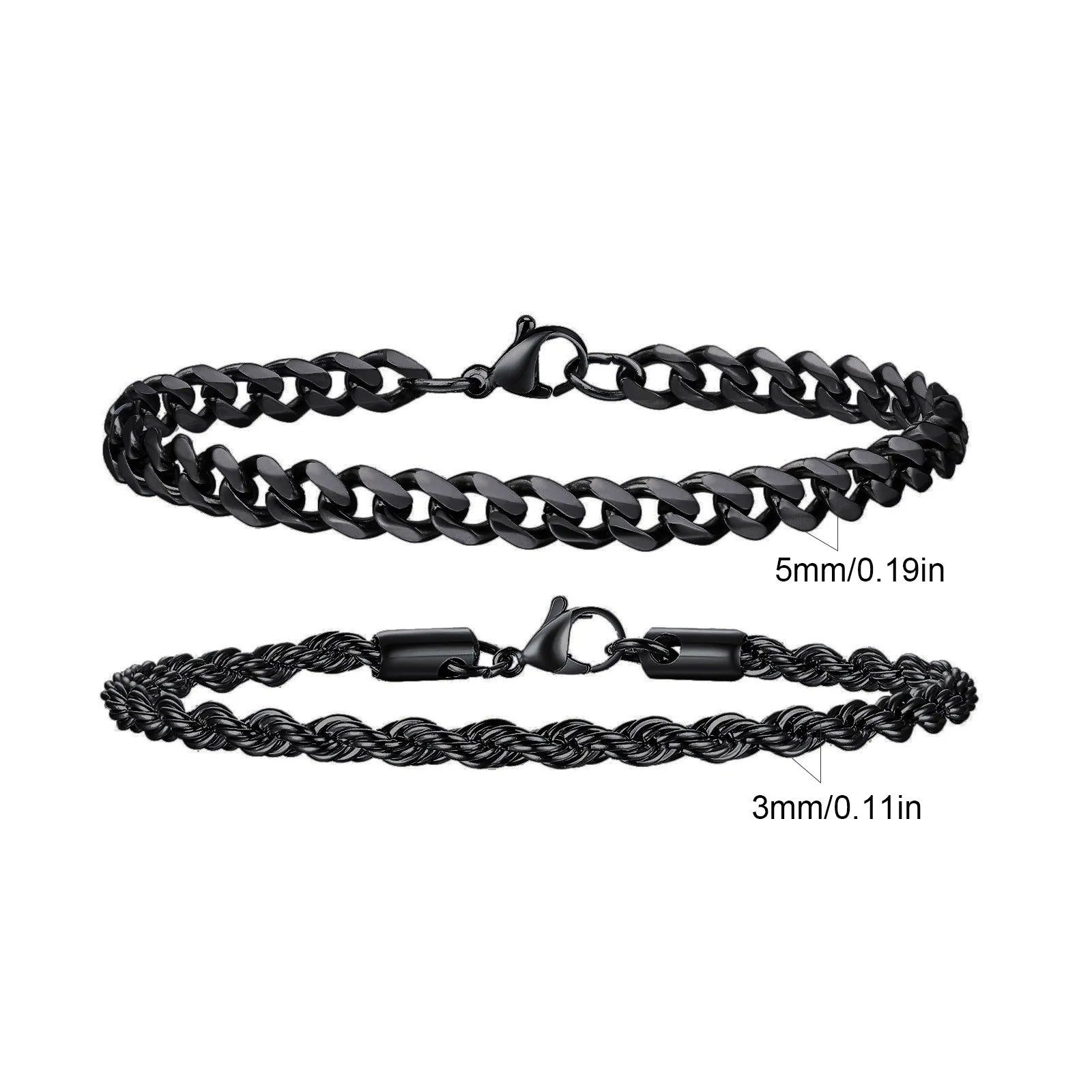 2pcs Men's Chain Bracelets,Silver Gold Black Color Stainless Steel Twisted Rope Chain,Trendy Cuban Link Chain Wristband Gift
