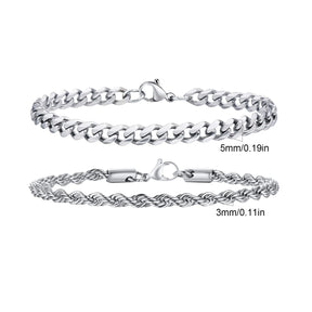 2pcs Men's Chain Bracelets,Silver Gold Black Color Stainless Steel Twisted Rope Chain,Trendy Cuban Link Chain Wristband Gift