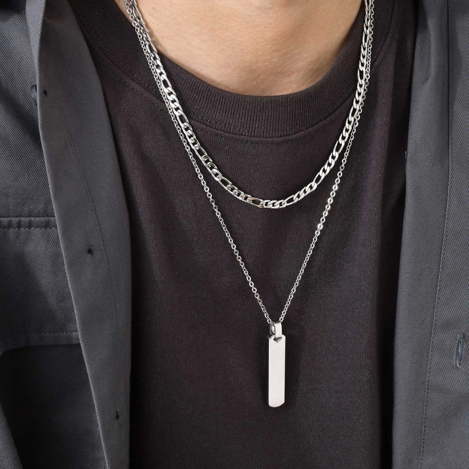 2pcs Vertical Layer Necklaces for Men Boys,Wateproof Stainless Steel Cuban Chain Collar,Stylish Men's Sweater Chain