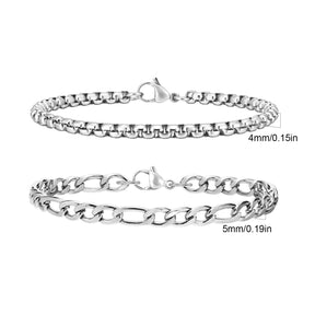 2pcs/set Men's Chain Bracelets,4mm Stainless Steel Box Chain Bracelet,5mm Figaro Chain Link Wristand,Simple Jewelry Gift