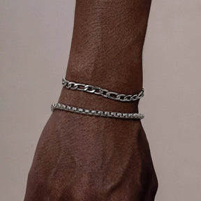 2pcs/set Men's Chain Bracelets,4mm Stainless Steel Box Chain Bracelet,5mm Figaro Chain Link Wristand,Simple Jewelry Gift