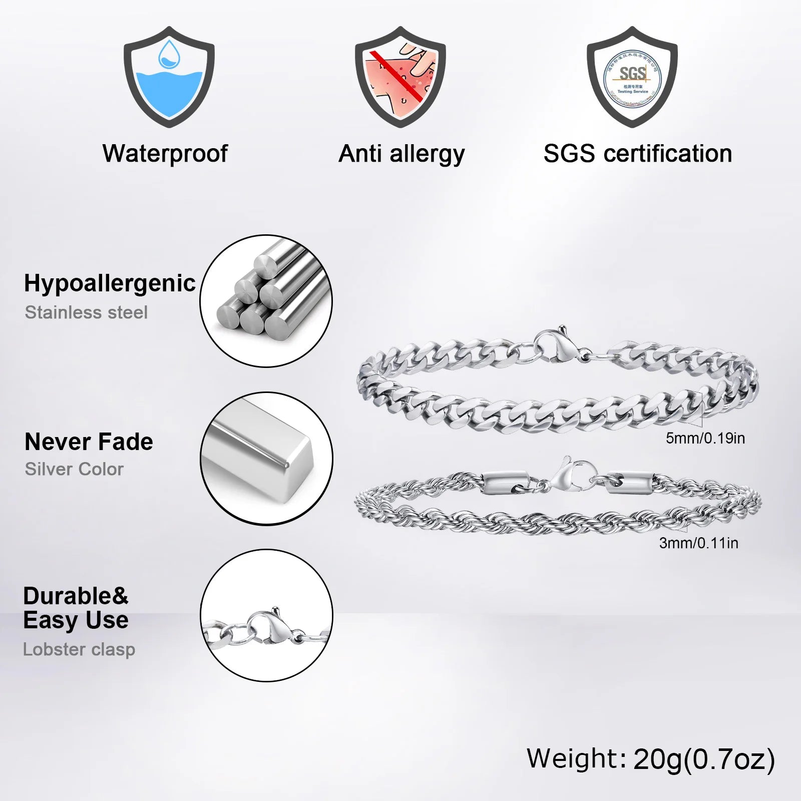 2pcs Men's Chain Bracelets,Silver Gold Black Color Stainless Steel Twisted Rope Chain,Trendy Cuban Link Chain Wristband Gift